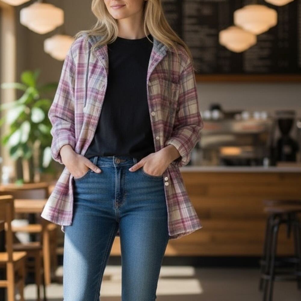 L.L. Bean Fleece Lined Shacket Womens Large Pink Plaid Shirt Jacket Gorp Barn